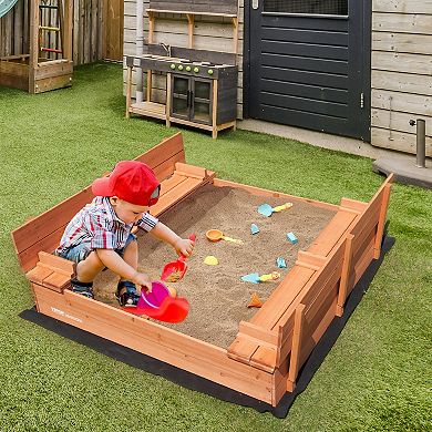 VEVOR Wooden Sandbox 52.4 x 47.2 in, Kids Sand Box with Foldable Bench Seats