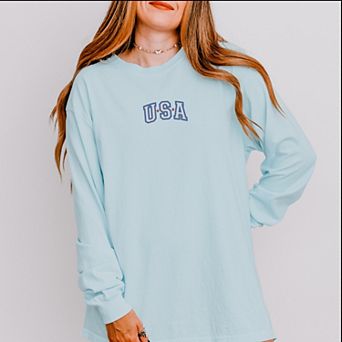 Embroidered USA Outline - Women's Garment Dyed Long Sleeve Graphic T-Shirt