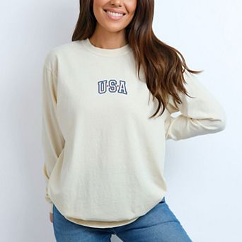 Embroidered USA Outline - Women's Garment Dyed Long Sleeve Graphic T-Shirt