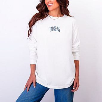 Embroidered USA Outline - Women's Garment Dyed Long Sleeve Graphic T-Shirt