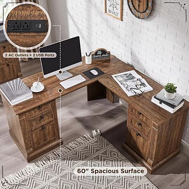 60" Farmhouse L-Shaped Executive Desk with File Cabinet Storage & Charging Station for Home Office
