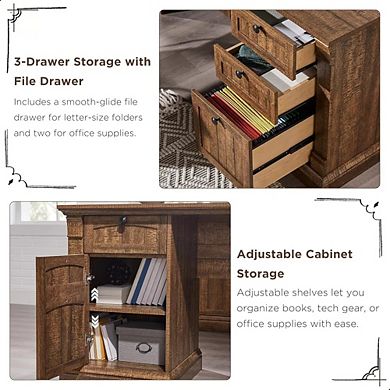 60" Farmhouse L-Shaped Executive Desk with File Cabinet Storage & Charging Station for Home Office