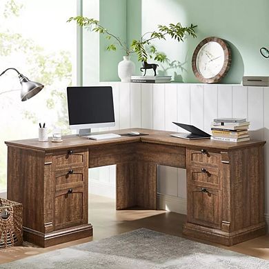 60" Farmhouse L-Shaped Executive Desk with File Cabinet Storage & Charging Station for Home Office