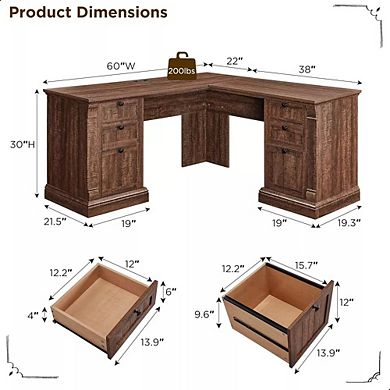60" Farmhouse L-Shaped Executive Desk with File Cabinet Storage & Charging Station for Home Office