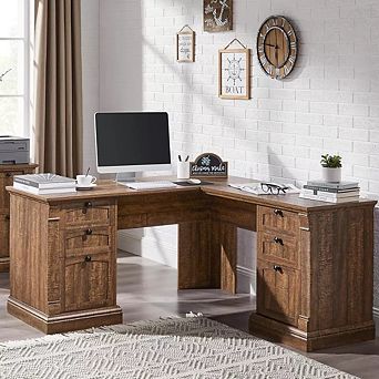 60" Farmhouse L-Shaped Executive Desk with File Cabinet Storage & Charging Station for Home Office