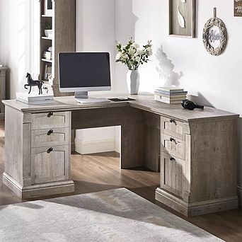 60" Farmhouse L-Shaped Executive Desk with File Cabinet Storage & Charging Station for Home Office