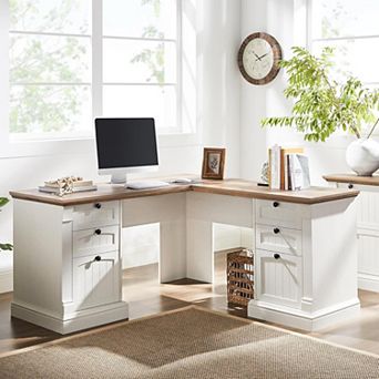 60" Farmhouse L-Shaped Executive Desk with File Cabinet Storage & Charging Station for Home Office