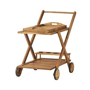 TEINIE Acacia Wood Mobile Bar Cart with Wheels Natural Stain