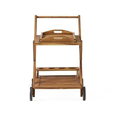 TEINIE Acacia Wood Mobile Bar Cart with Wheels Natural Stain