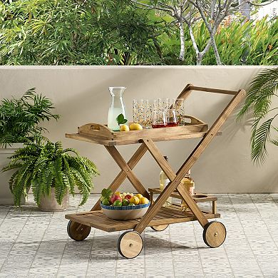 TEINIE Acacia Wood Mobile Bar Cart with Wheels Natural Stain