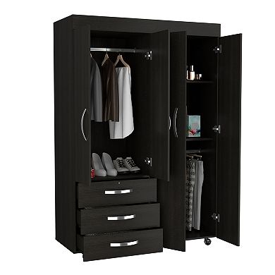 Denver Adjustable Armoire, Rods, Double Door Cabinet, Three Drawers, Two Shelves