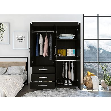 Denver Adjustable Armoire, Rods, Double Door Cabinet, Three Drawers, Two Shelves