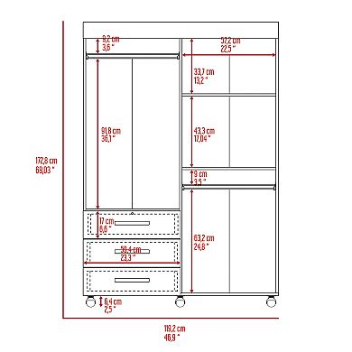 Denver Adjustable Armoire, Rods, Double Door Cabinet, Three Drawers, Two Shelves