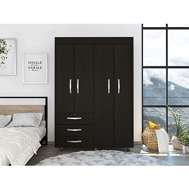 Denver Adjustable Armoire, Rods, Double Door Cabinet, Three Drawers, Two Shelves