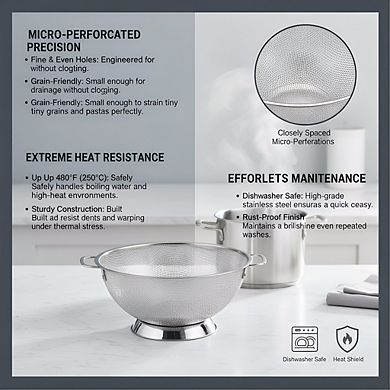 18/8 Stainless Steel Colander 5 Quart, with Handle for Draining Pasta Vegetables Fruit