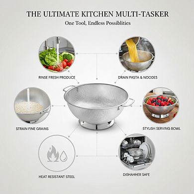 18/8 Stainless Steel Colander 5 Quart, with Handle for Draining Pasta Vegetables Fruit