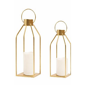 Gold Metal Farmhouse Lanterns with Flickering Timer Candles, 15" & 12"