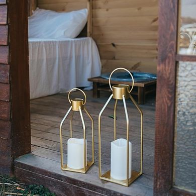 Gold Metal Farmhouse Lanterns with Flickering Timer Candles, 15" & 12"