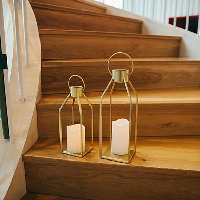 Gold Metal Farmhouse Lanterns with Flickering Timer Candles, 15" & 12"
