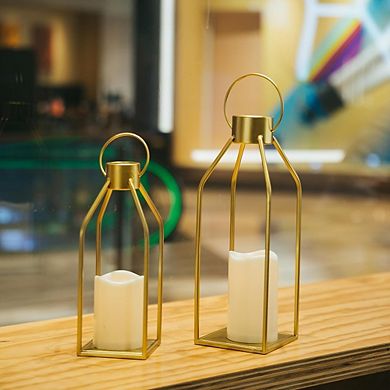 Gold Metal Farmhouse Lanterns with Flickering Timer Candles, 15" & 12"