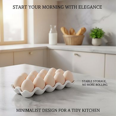 Non-Slip White Porcelain Egg Tray, 12-Piece Refrigerator Storage Container
