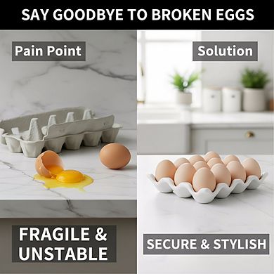 Non-Slip White Porcelain Egg Tray, 12-Piece Refrigerator Storage Container