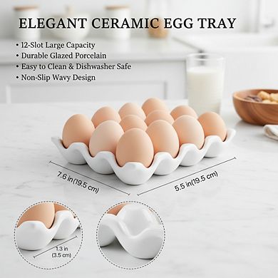 Non-Slip White Porcelain Egg Tray, 12-Piece Refrigerator Storage Container