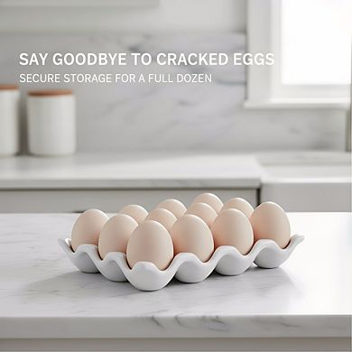 Non-Slip White Porcelain Egg Tray, 12-Piece Refrigerator Storage Container
