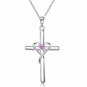ZUQIETA Sterling Silver Cross Necklace Birthstone Cz Women Men Holiday