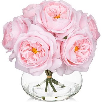 Artificial Red Roses and Peonies Floral Arrangement with Glass Vase Home Decor