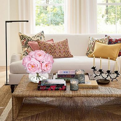 Artificial Red Roses and Peonies Floral Arrangement with Glass Vase Home Decor