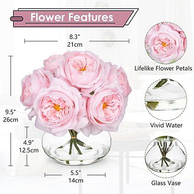 Artificial Red Roses and Peonies Floral Arrangement with Glass Vase Home Decor