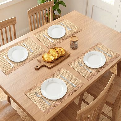 Rustic Placemats Set of 6 Woven Mats with Tassels for Dining Table Decor Wipe Clean 17.7x11.8 Inch