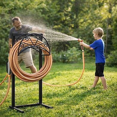 Heavy Duty Garden Hose Holder Stand with Tool Hooks Freestanding Hose Storage Bronze