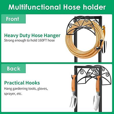 Heavy Duty Garden Hose Holder Stand with Tool Hooks Freestanding Hose Storage Bronze