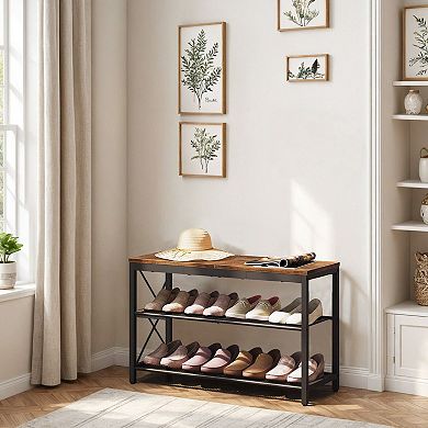 Entryway Shoe Storage Bench with Seating and Two Mesh Shelves for Hallway or Mudroom