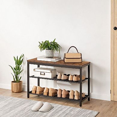 Entryway Shoe Storage Bench with Seating and Two Mesh Shelves for Hallway or Mudroom
