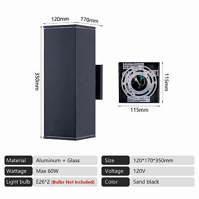 14" Modern Outdoor Wall Light (2-Pack) Matte Black Waterproof Fixture for Patio & Garage