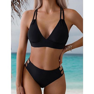 Women's Cutout Two Piece Bikini Set Double Straps High Waist Bottom Solid Color Bathing Suit