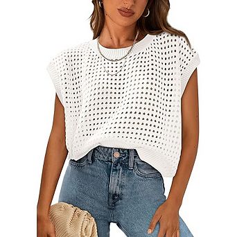 Women’s Crochet Knit Top Cap Sleeve Lightweight Pullover Sweater