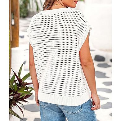Women’s Crochet Knit Top Cap Sleeve Lightweight Pullover Sweater