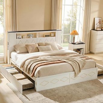 Modern Queen Size Bed Frame with 47" Tall Storage Bookcase Headboard, Modern Wood Platform Bed