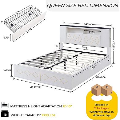 Modern Queen Size Bed Frame with 47" Tall Storage Bookcase Headboard, Modern Wood Platform Bed