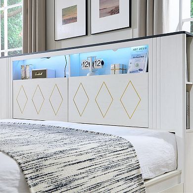 Modern Queen Size Bed Frame with 47" Tall Storage Bookcase Headboard, Modern Wood Platform Bed