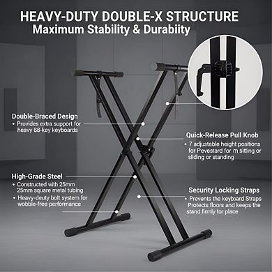 Double-X Piano Stand Heavy-Duty, Infinitely Adjustable with Locking Straps, Pre-Assembled