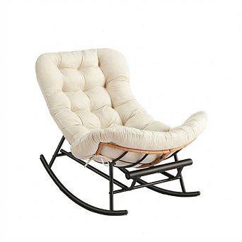 Rattan Rocking Chair with Detachable Flannel Cushion and Extendable Footrest