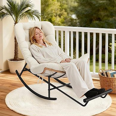 Rattan Rocking Chair with Detachable Flannel Cushion and Extendable Footrest