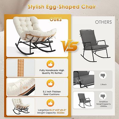 Rattan Rocking Chair with Detachable Flannel Cushion and Extendable Footrest