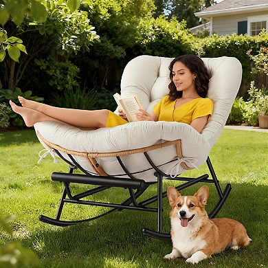 Rattan Rocking Chair with Detachable Flannel Cushion and Extendable Footrest