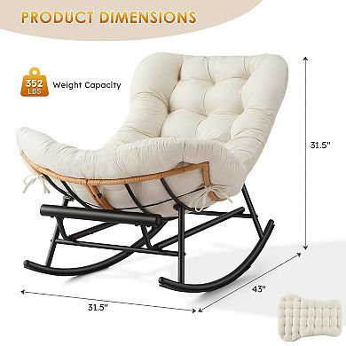 Rattan Rocking Chair with Detachable Flannel Cushion and Extendable Footrest